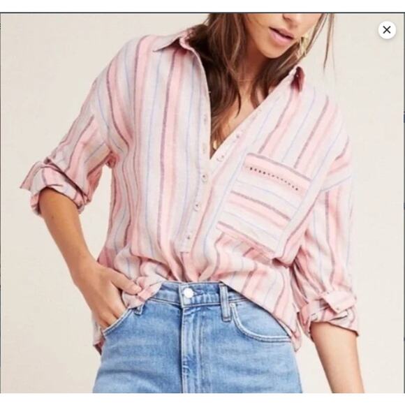 Maeve by Anthropologie Tops - MAEVE (ANTHRO) | Lida Linen Blend | Pink/Blue | Half Button Shirt | Size Large